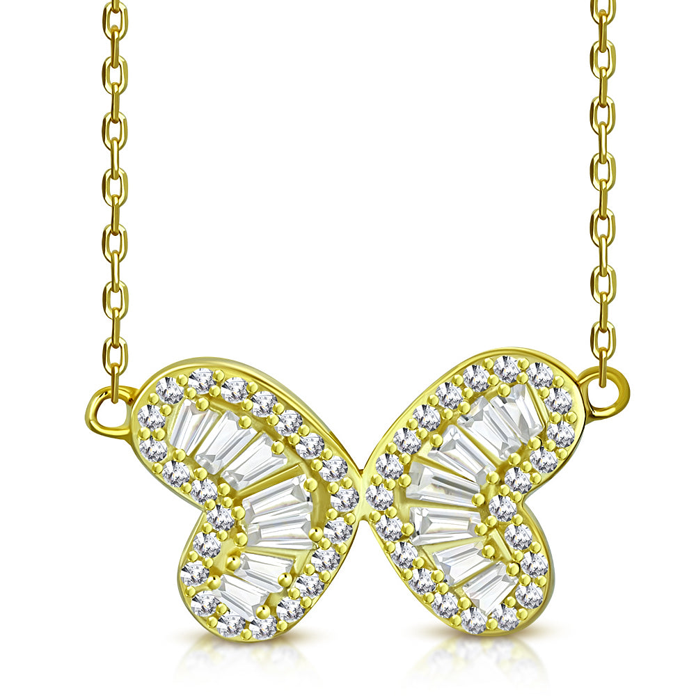 925 Sterling Silver CZ Double Heart Butterfly Necklace