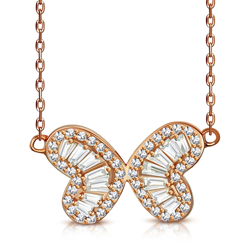 925 Sterling Silver CZ Double Heart Butterfly Necklace