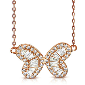 925 Sterling Silver CZ Double Heart Butterfly Necklace