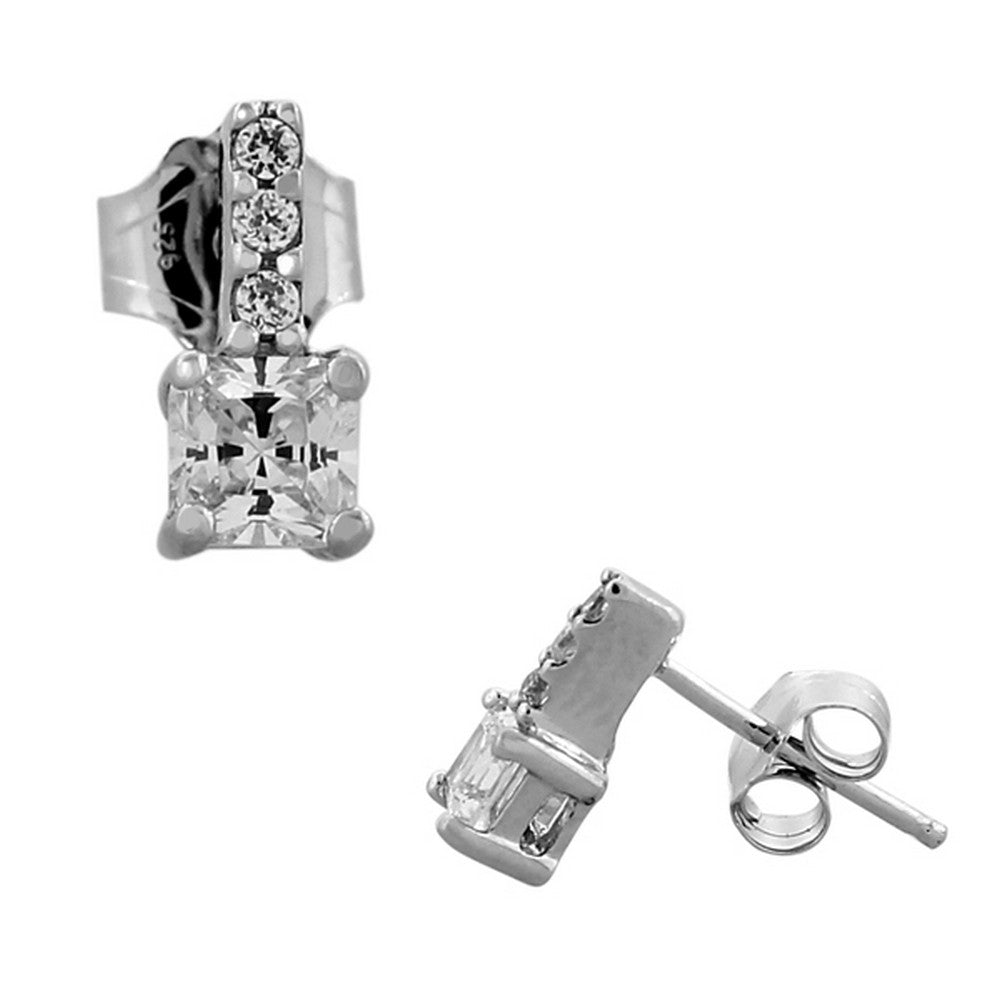 925 Sterling Silver White Princess-Cut Round CZ Womens Girls Small Stud Earrings
