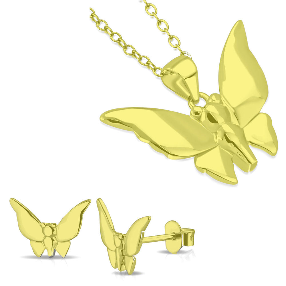 925 Sterling Silver Polished Butterfly Pendant Necklace Stud Earrings Jewelry Set, 18"