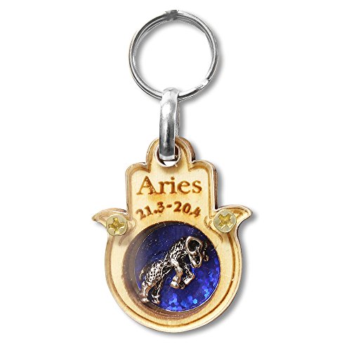 Wooden Good Luck Hamsa Hand Key Chain Keychain Zodiac Sign - Aries - Made in Israel