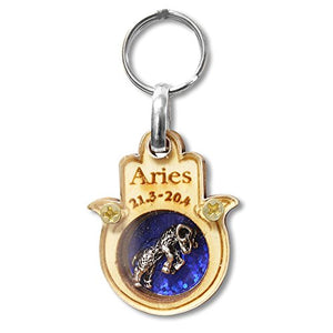Wooden Good Luck Hamsa Hand Key Chain Keychain Zodiac Sign - Aries - Made in Israel