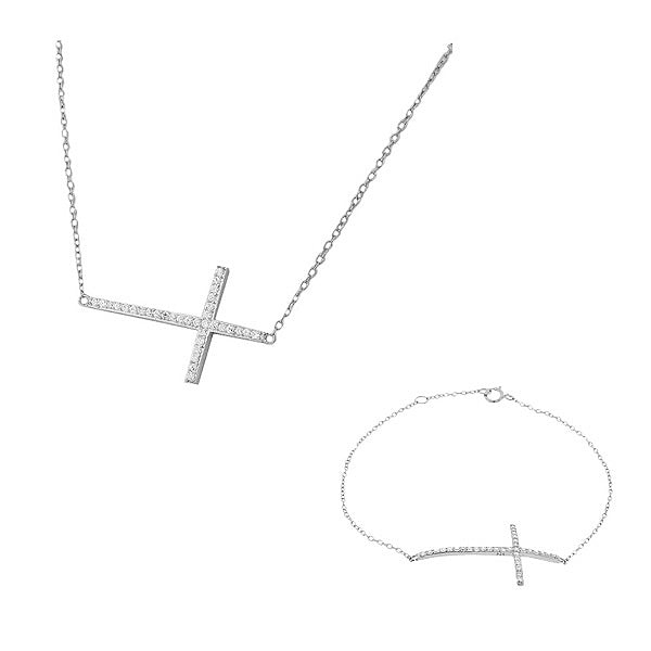 925 Sterling Silver Sideways Cross White CZ Pendant Necklace Link Chain Bracelet Set