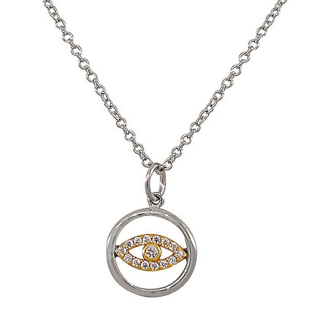 925 Sterling Silver Two-Tone Evil Eye Hamsa White CZ Womens Girls Small Pendant Necklace
