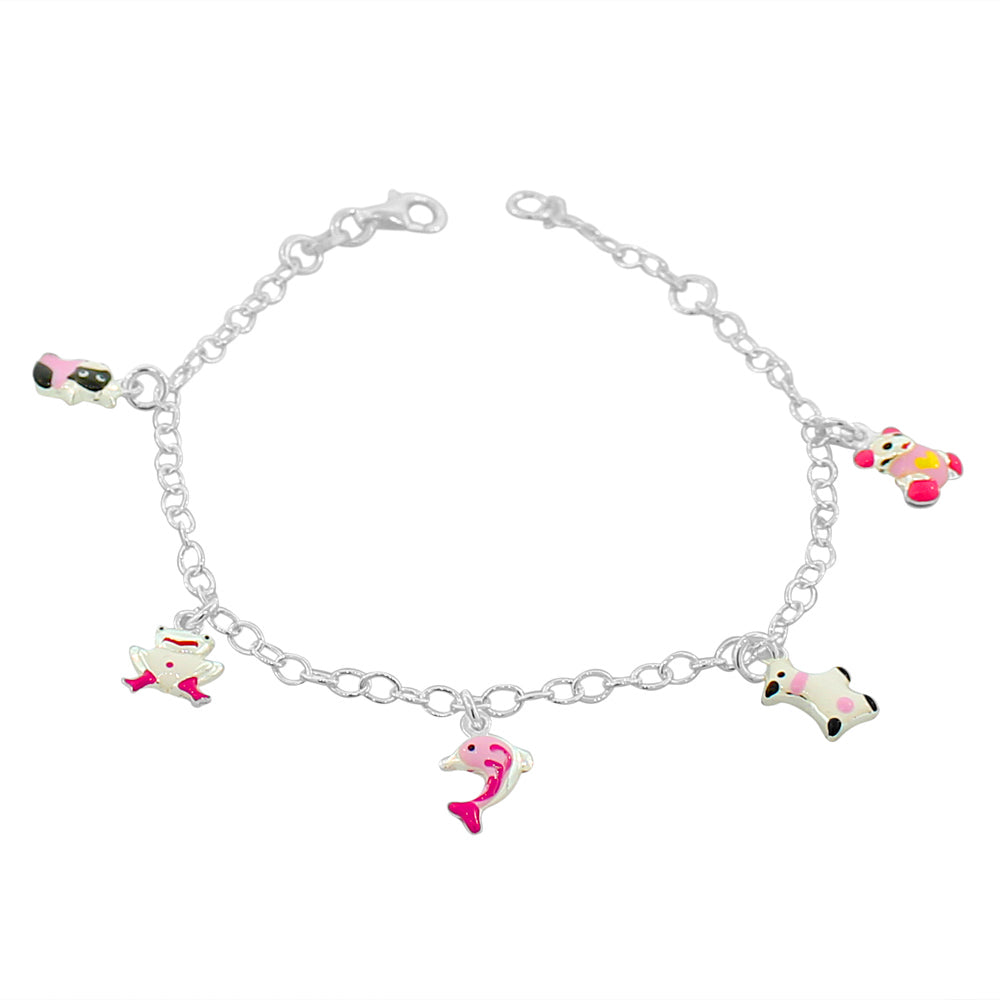925 Sterling Silver Multicolor Enamel Animals Womens Girls Link Chain Bracelet