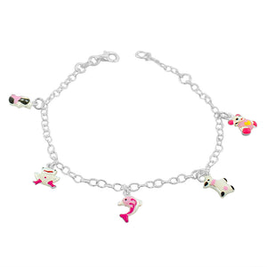 925 Sterling Silver Multicolor Enamel Animals Womens Girls Link Chain Bracelet