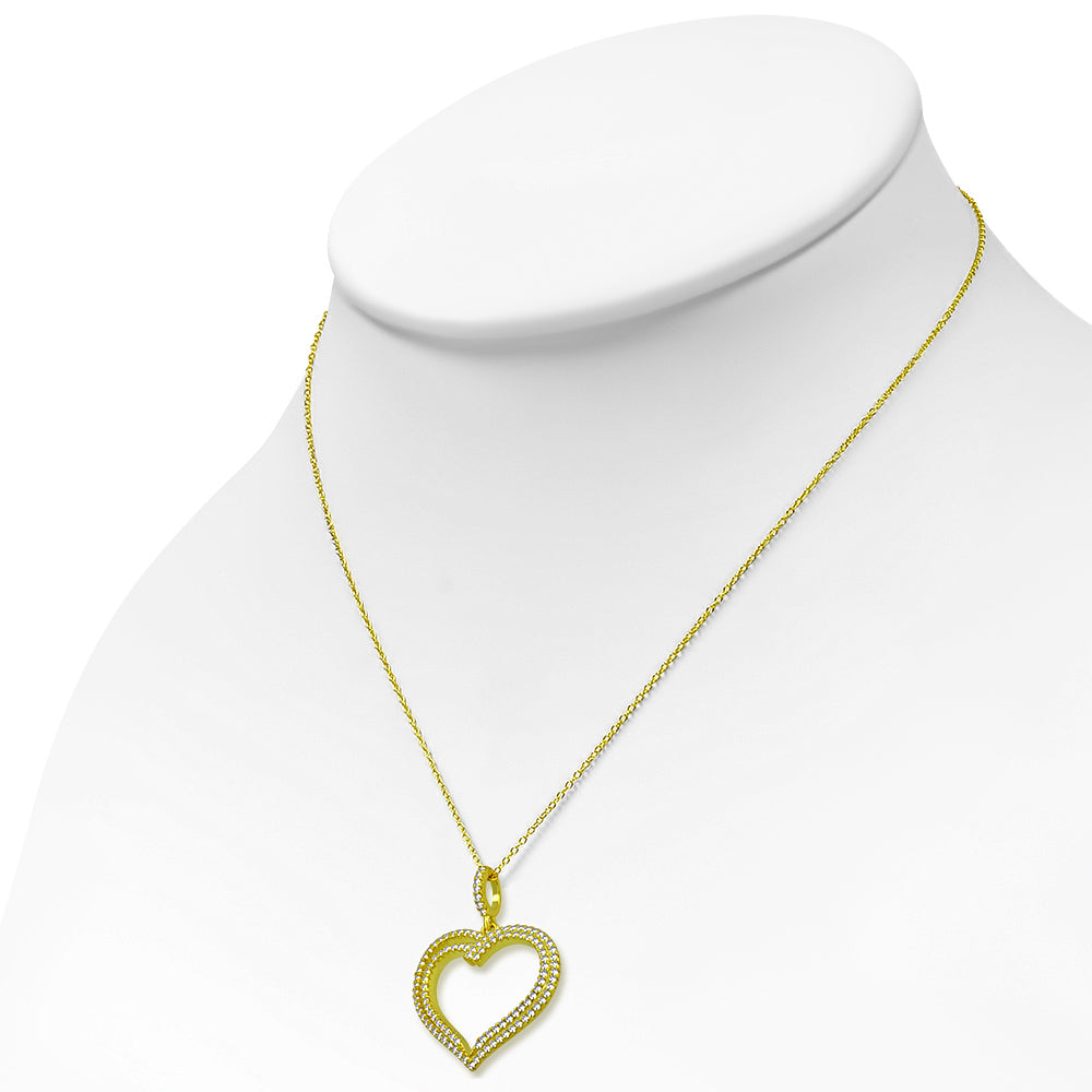 925 Sterling Silver White Clear CZ Yellow Gold-Tone Love Heart Pendant Necklace