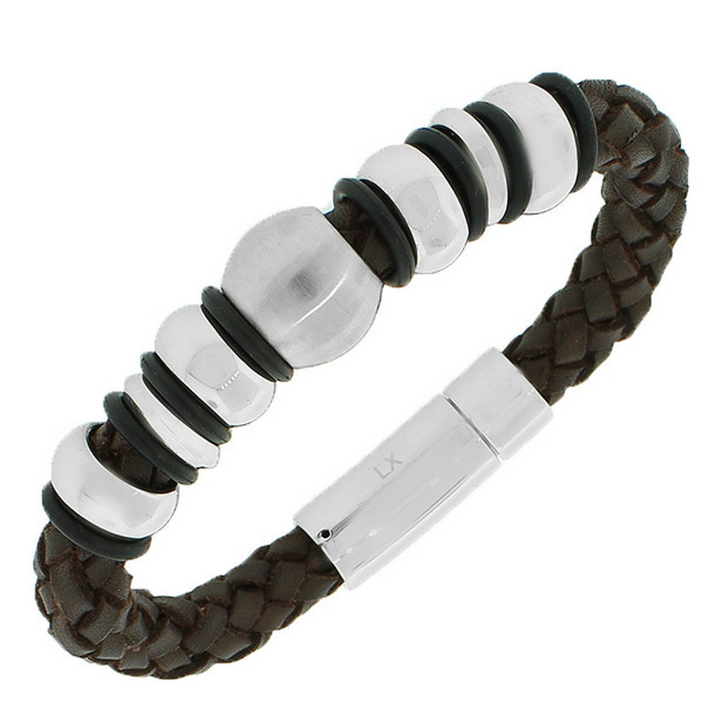 Stainless Steel Silver-Tone Brown Leather Wristband Men's Bracelet
