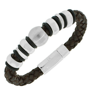 Stainless Steel Silver-Tone Brown Leather Wristband Men's Bracelet