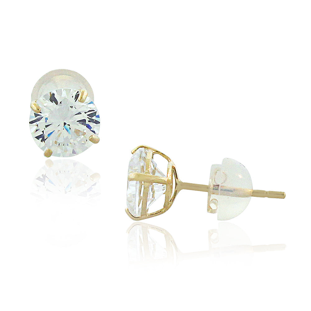 14K Yellow Gold Round White Clear CZ Classic Stud Earrings, 6 MM Diameter