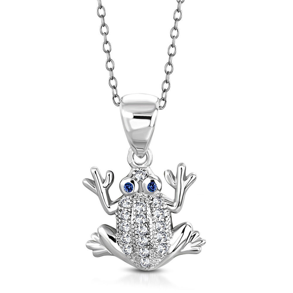 925 Sterling Silver White Clear Blue CZ Frog Pendant Necklace