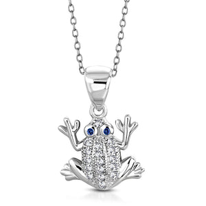 925 Sterling Silver White Clear Blue CZ Frog Pendant Necklace