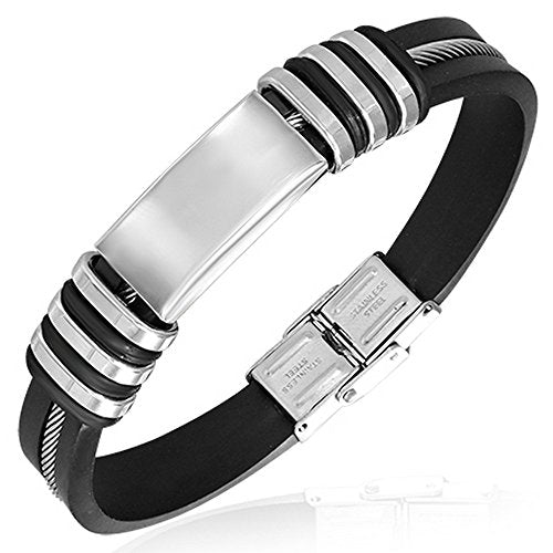 Stainless Steel Black Rubber Silicone Twisted Cable Silver-Tone Mens Bracelet