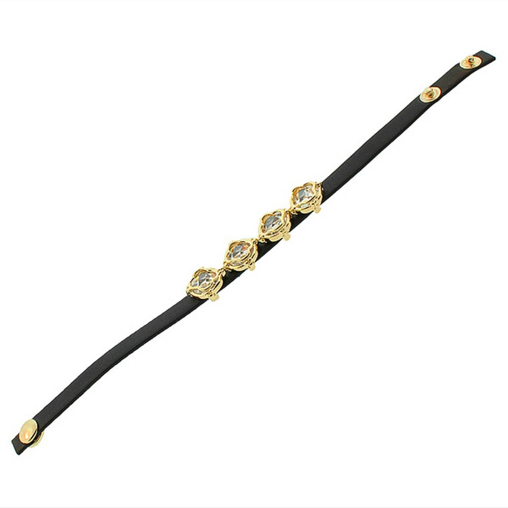 Fashion Alloy Black Leather Yellow Gold-Tone White CZ Wristband Adjustable Bracelet
