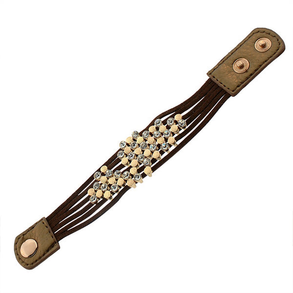Faux Brown Suede Leather Yellow Gold-Tone White CZ Wristband Wrap Bracelet