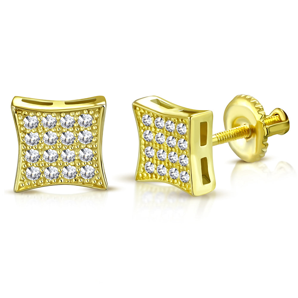 925 Sterling Silver Yellow Gold-Tone Square Clear CZ Stud Screw-back Earrings