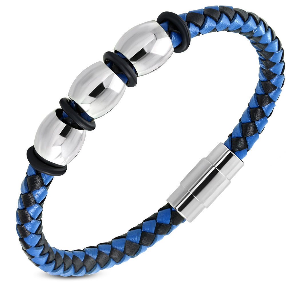Stainless Steel Silver-Tone Black Blue Leather Braided Wristband Bracelet, 8"