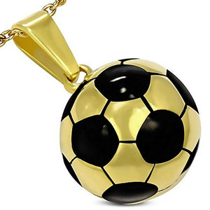 Stainless Steel Yellow Gold-Tone Black Soccer Ball Football Charm Pendant Necklace with Chain, 18"