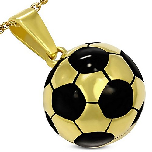 Stainless Steel Yellow Gold-Tone Pink Soccer Ball Football Charm Pendant Necklace with Chain, 18"