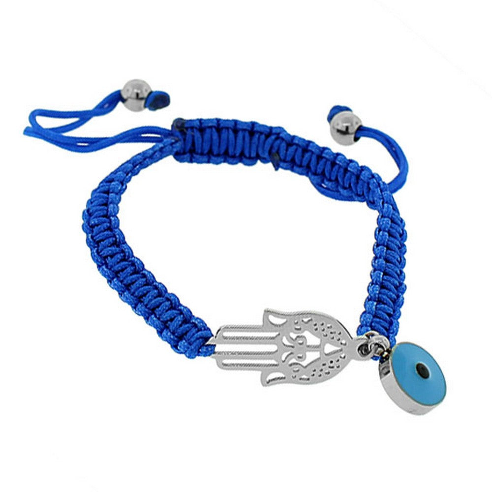 Stainless Steel Blue Silver-Tone Hamsa Evil Eye Macrame Beaded Adjustable Bracelet