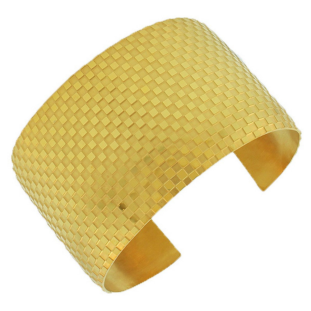 Stainless Steel Gold Open End Wide Square Pattern Design Cuff Bangle Bracelet