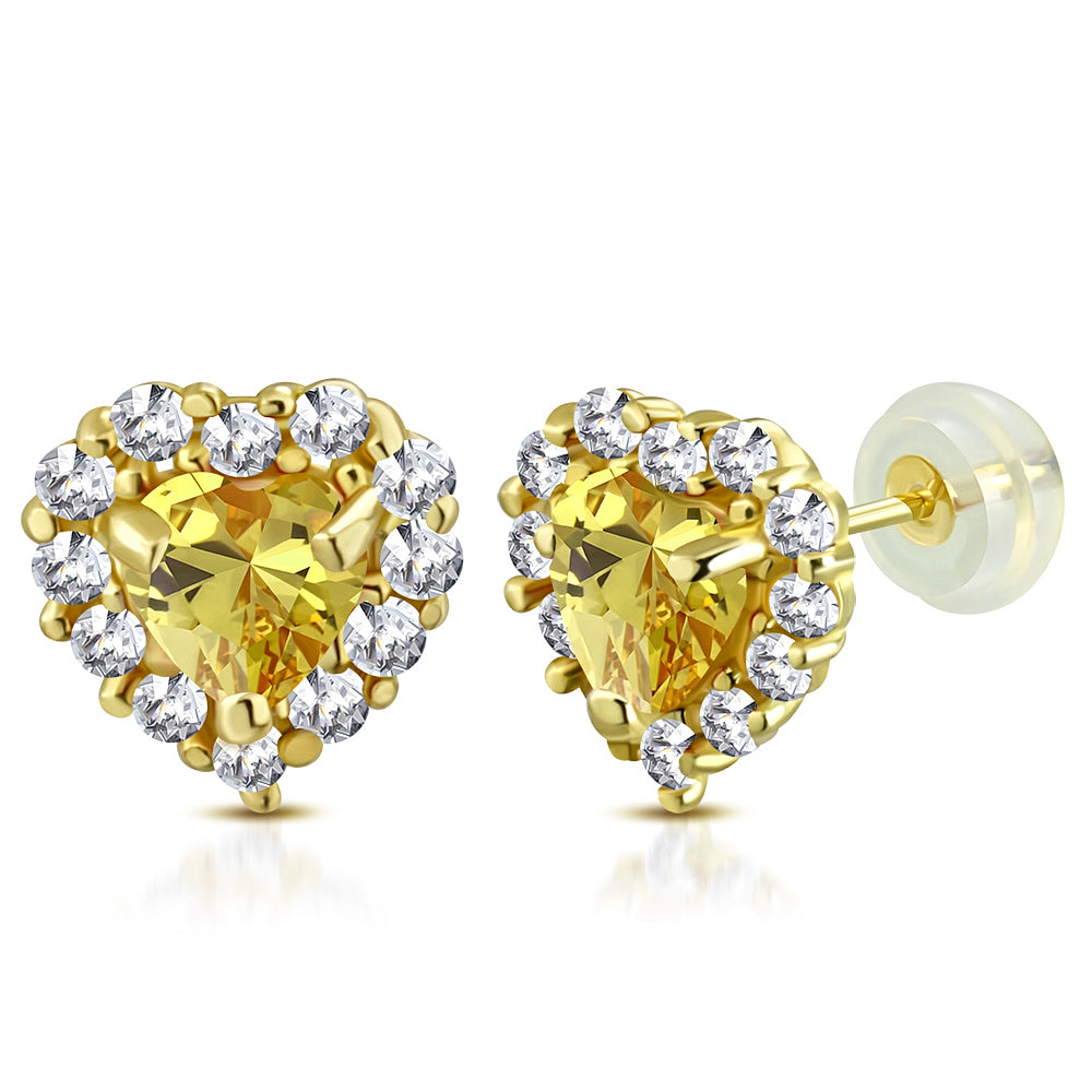 14K Yellow Gold Love Heart Multicolor Birthstone CZ Small Girls Stud Earrings, 0.20"