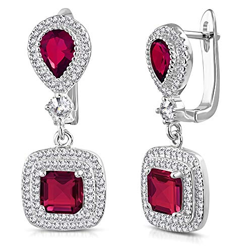 Sterling Silver Square Teardrop Ruby Red Clear CZ Drop Dangle Earrings, 1.15"
