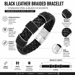 Black Braided Leather & Black CZ Stainless Steel Unisex Bracelet