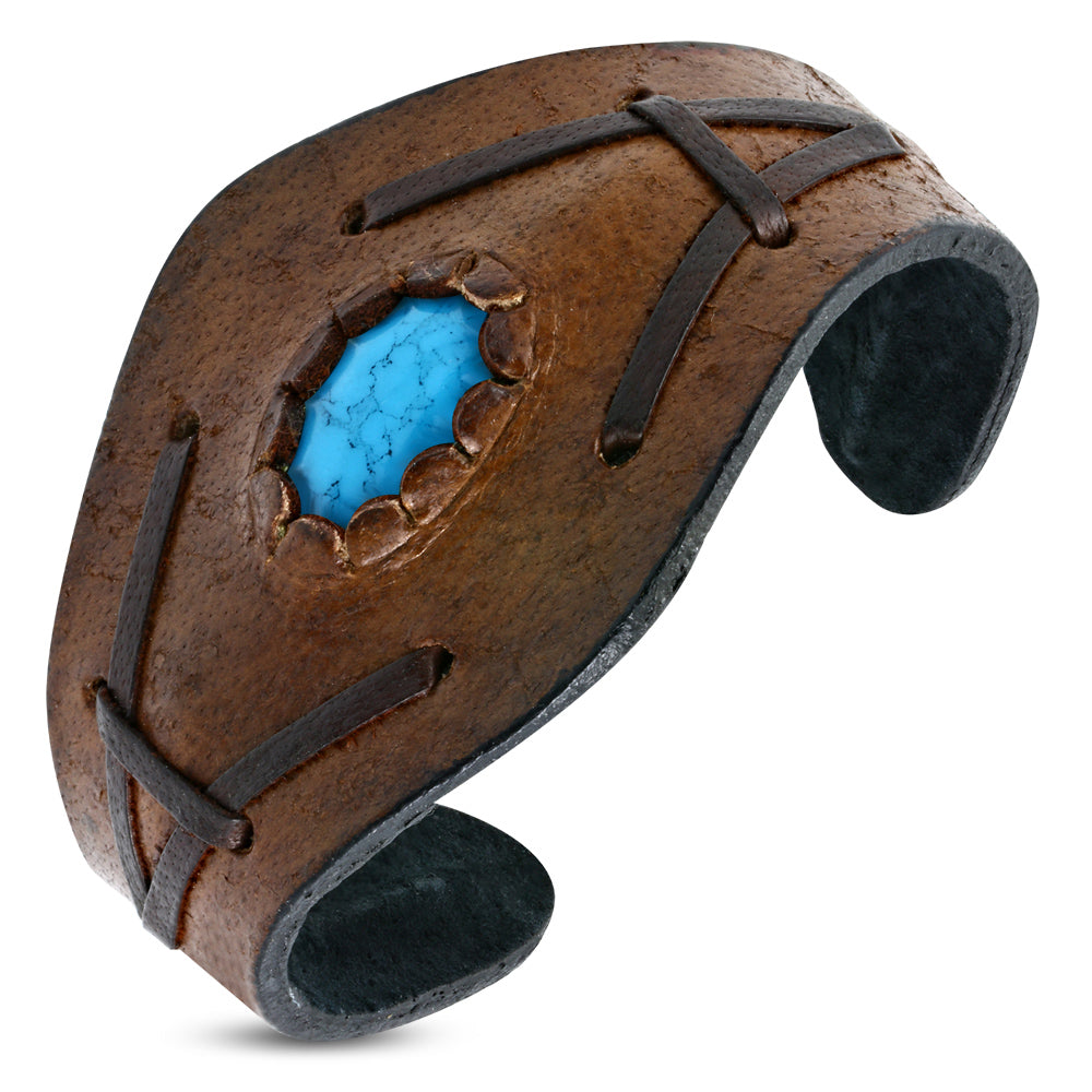 Brown Leather Simulated Turquoise Adjustable Bracelet
