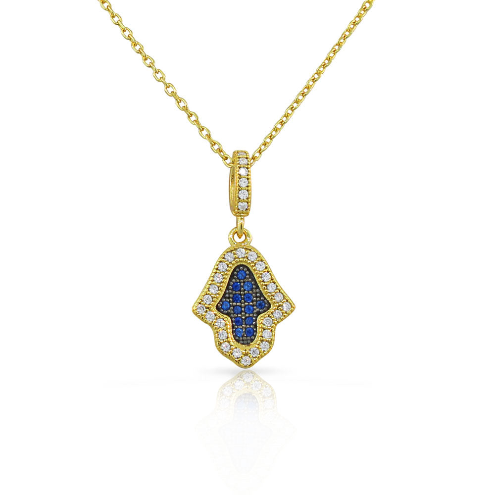925 Sterling Silver Hamsa White Blue CZ Pendant Necklace