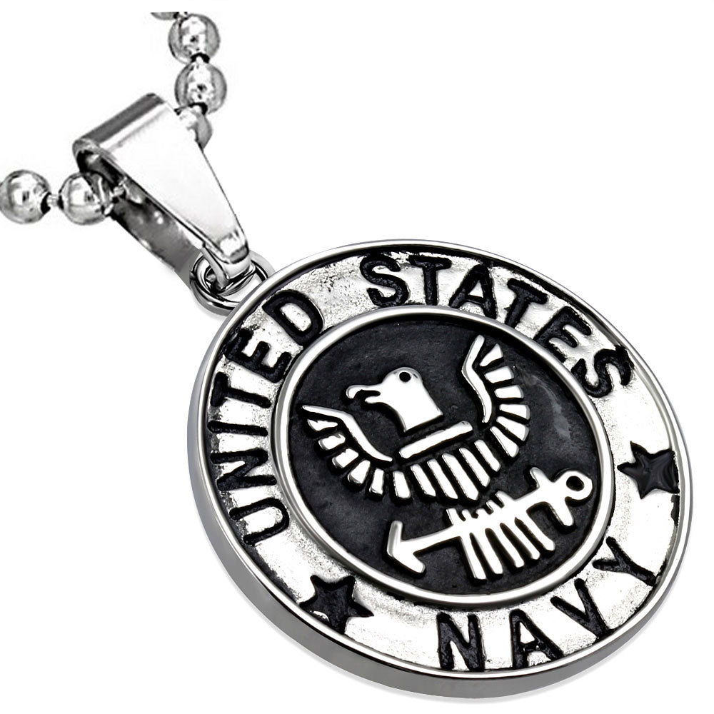 Stainless Steel Silver-Tone United States Navy Eagle Pendant Necklace