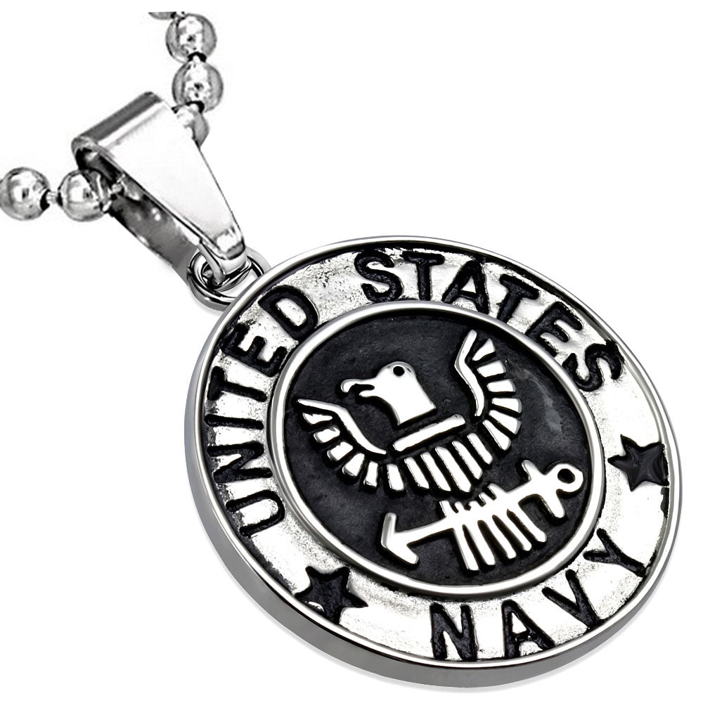 Stainless Steel Silver-Tone United States Army Eagle Navy Pendant Necklace
