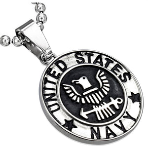 Stainless Steel Silver-Tone United States Navy Eagle Pendant Necklace