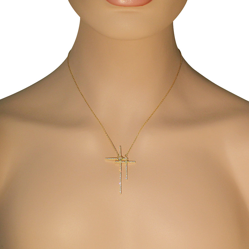 925 Sterling Silver Yellow Gold-Tone Double Cross Religious Pendant Necklace