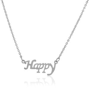 Stainless Steel Silver-Tone Happy Script Pendant Necklace