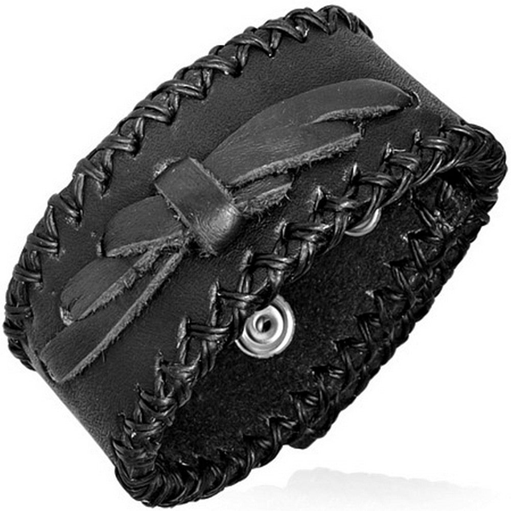 Black Braided Leather Alloy Silver-Tone Stitches Snap Wristband Unisex Bracelet