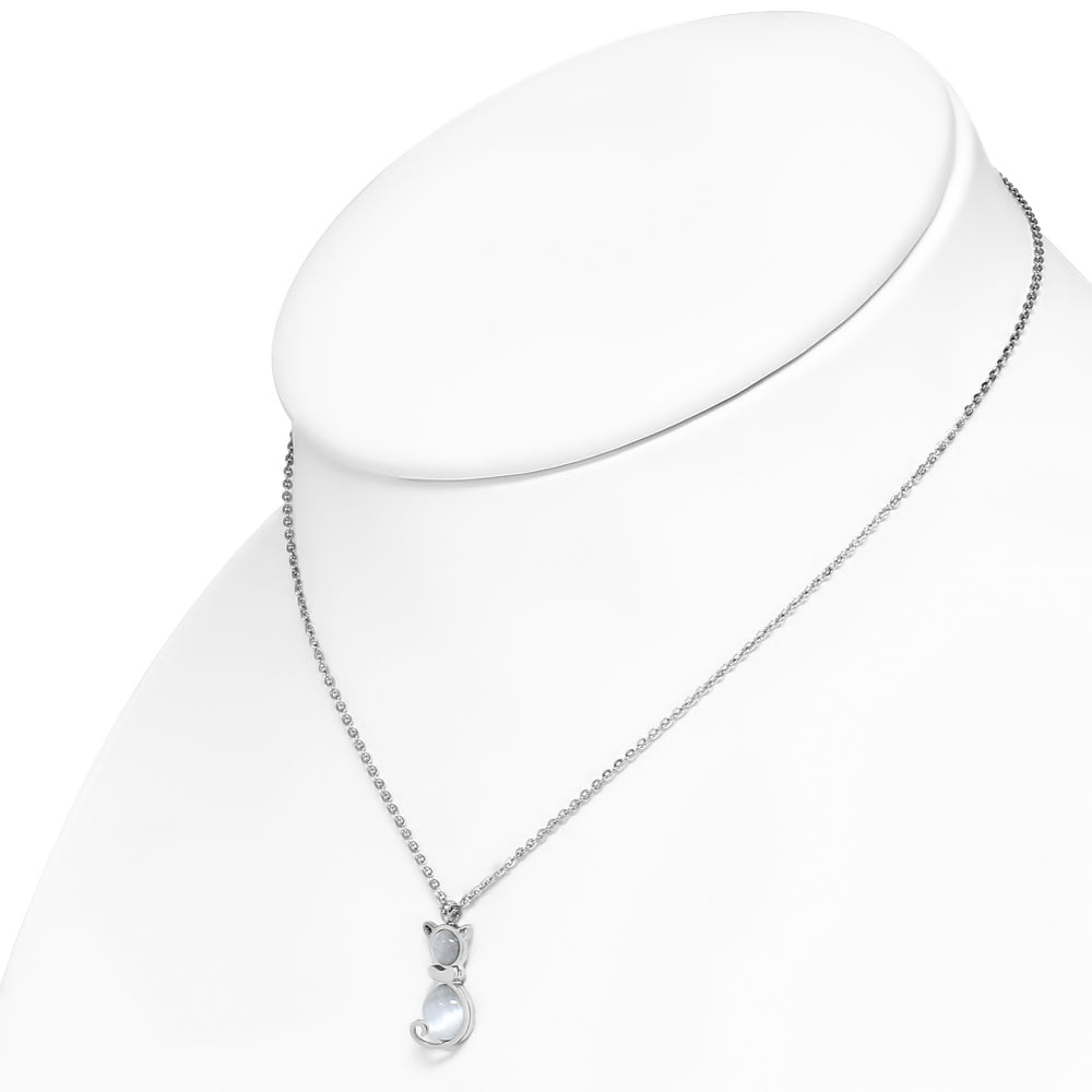 Stainless Steel Silver-Tone Simulated Gemstone Cat Animal Pendant Necklace
