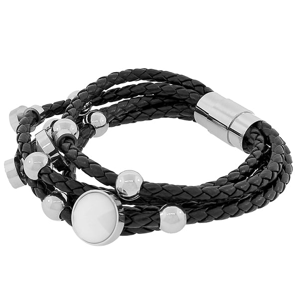 Fashion Alloy Black Faux PU Leather Silver-Tone Multi-Row Layer Bracelet