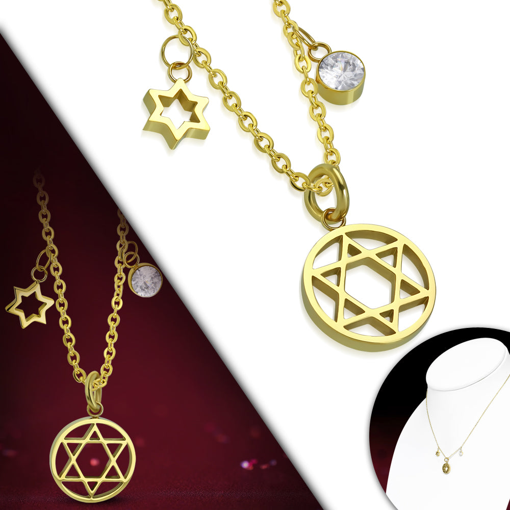 Stainless Steel Yellow Gold-Tone Jewish Star of David White Clear CZ Pendant Necklace