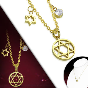 Stainless Steel Yellow Gold-Tone Jewish Star of David White Clear CZ Pendant Necklace