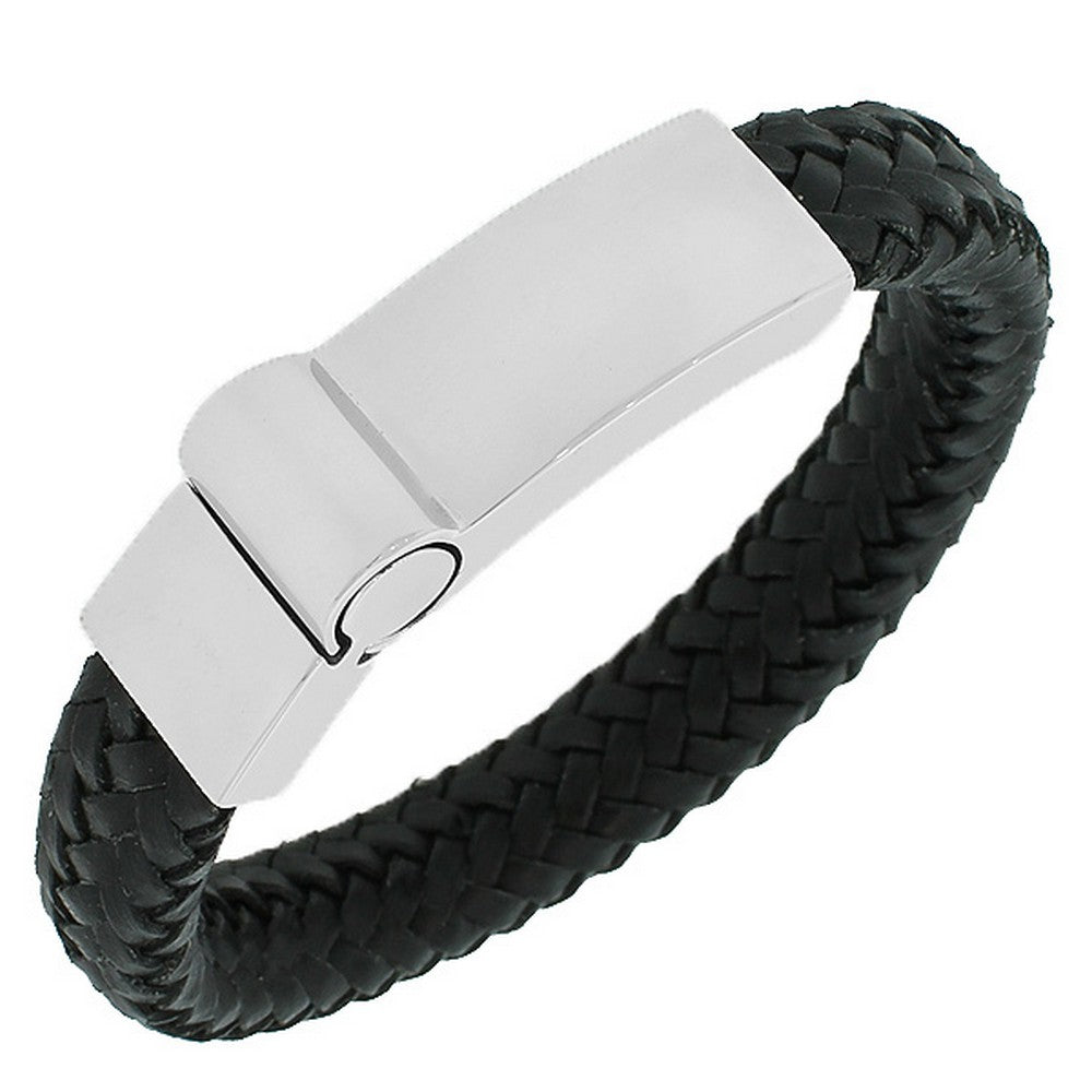 Stainless Steel Black Leather Silver-Tone Men's Bracelet