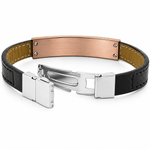 Stainless Steel Black Leather Rose Gold-Tone Silver-Tone Men's Bracelet