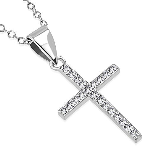 925 Sterling Silver Clear CZ Religious Cross Pendant Necklace, 18"