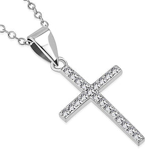 925 Sterling Silver Clear CZ Religious Cross Pendant Necklace, 18"
