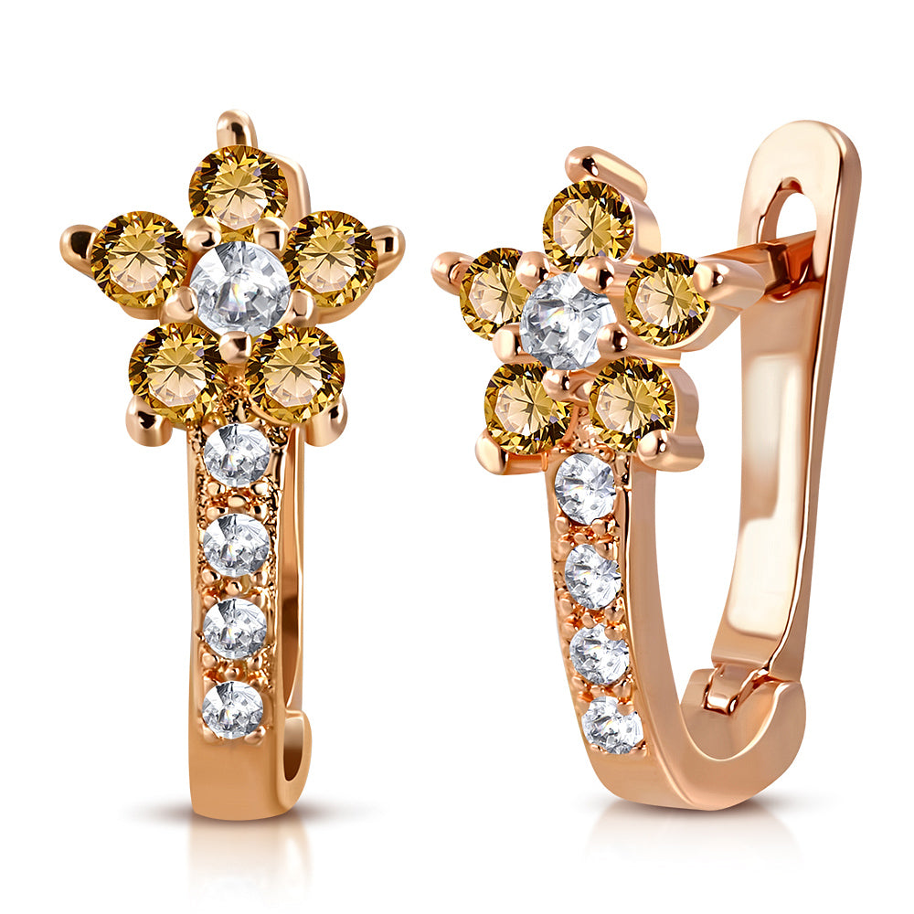 925 Sterling Silver Rose Gold-Tone Brown CZ Small Girls Hoop Huggie Flower Floral Earrings, 0.5"