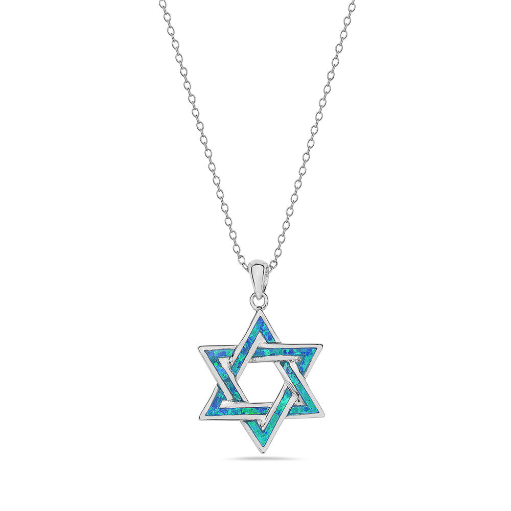 Inlay Opal Star of David Necklace Pendant Sterling Silver