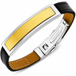 Men's Black Leather Bracelet with Stainless Steel Two Tone Gold & Silver ID Plate, 8 Inch Fashion Bracelet for Men