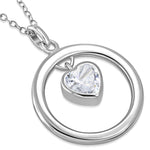 925 Sterling Silver Circle of Life Love Heart Clear White CZ Pendant Necklace, 18"