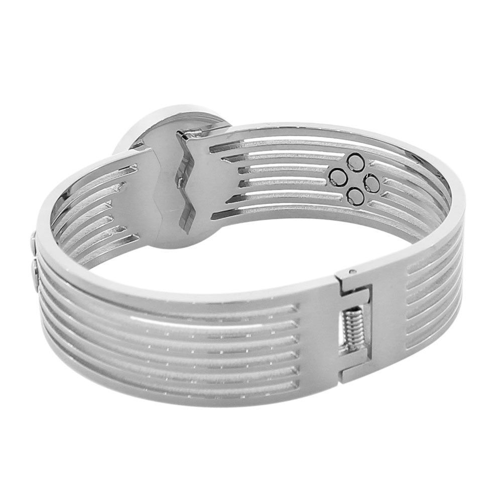 Stainless Steel Silver-Tone Simulated Mother-of-Pearl Floating CZ Bangle Bracelet
